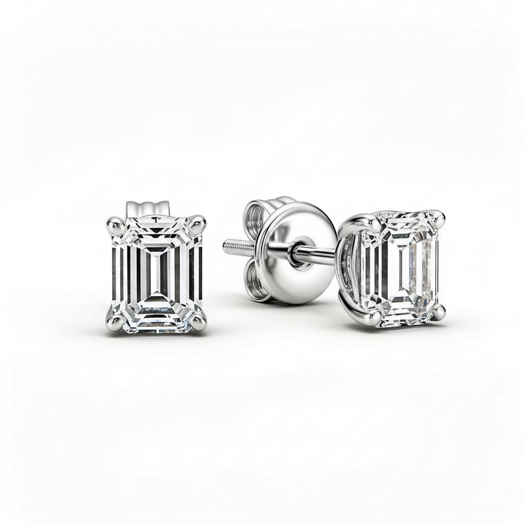 Emerald Lab Diamond Stud Earrings - View 3